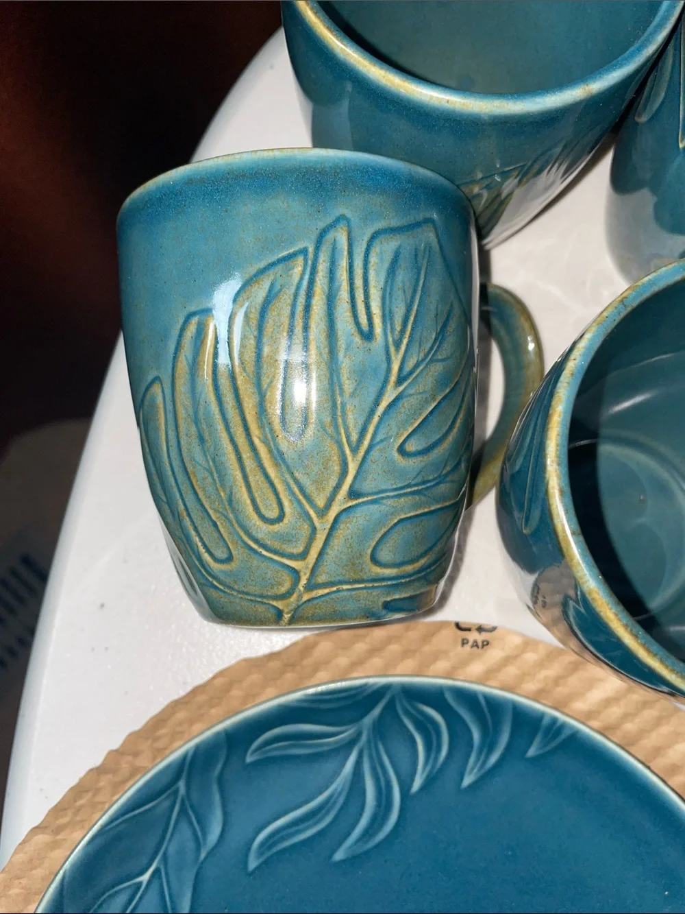 Corona Teal Embossed Leaf Tropical Dinnerware Set
